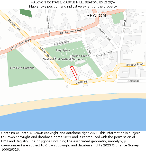 HALCYON COTTAGE, CASTLE HILL, SEATON, EX12 2QW: Location map and indicative extent of plot