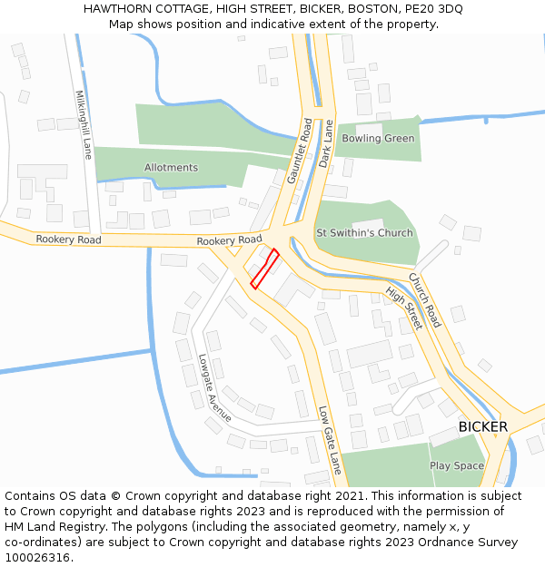HAWTHORN COTTAGE, HIGH STREET, BICKER, BOSTON, PE20 3DQ: Location map and indicative extent of plot