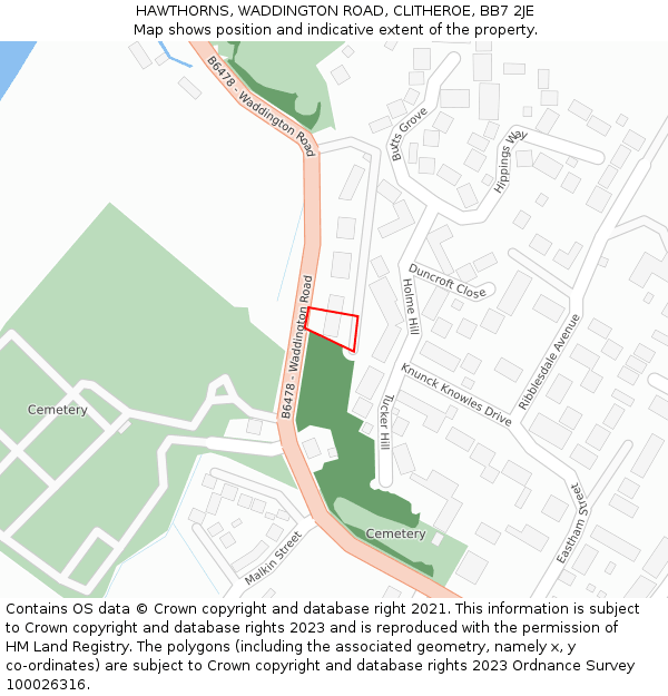 HAWTHORNS, WADDINGTON ROAD, CLITHEROE, BB7 2JE: Location map and indicative extent of plot