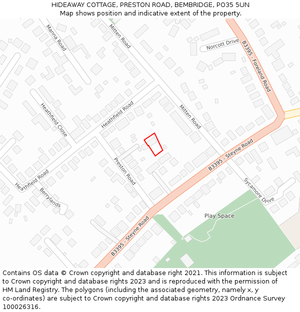 HIDEAWAY COTTAGE, PRESTON ROAD, BEMBRIDGE, PO35 5UN: Location map and indicative extent of plot