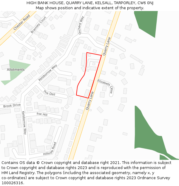 HIGH BANK HOUSE, QUARRY LANE, KELSALL, TARPORLEY, CW6 0NJ: Location map and indicative extent of plot