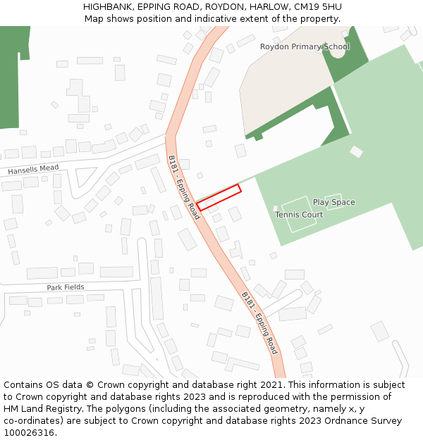 HIGHBANK, EPPING ROAD, ROYDON, HARLOW, CM19 5HU: Location map and indicative extent of plot