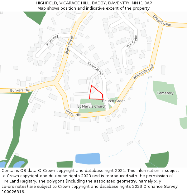 HIGHFIELD, VICARAGE HILL, BADBY, DAVENTRY, NN11 3AP: Location map and indicative extent of plot