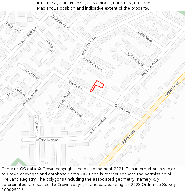 HILL CREST, GREEN LANE, LONGRIDGE, PRESTON, PR3 3RA: Location map and indicative extent of plot