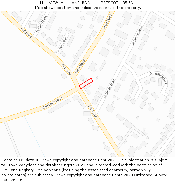 HILL VIEW, MILL LANE, RAINHILL, PRESCOT, L35 6NL: Location map and indicative extent of plot