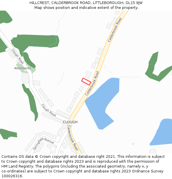 HILLCREST, CALDERBROOK ROAD, LITTLEBOROUGH, OL15 9JW: Location map and indicative extent of plot