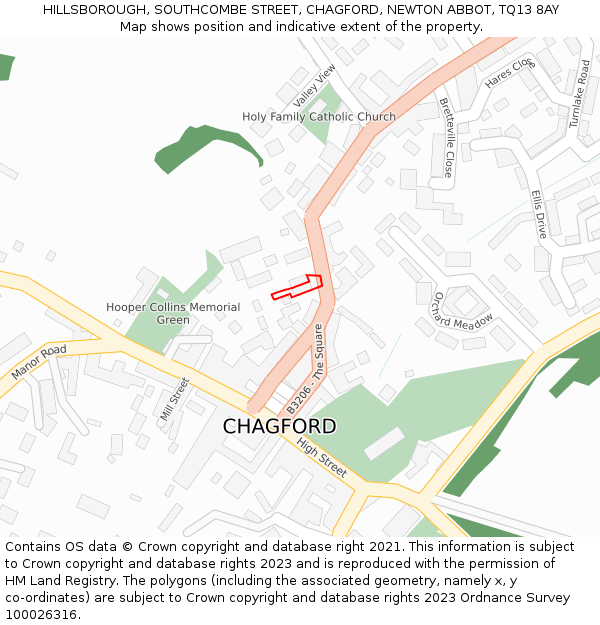 HILLSBOROUGH, SOUTHCOMBE STREET, CHAGFORD, NEWTON ABBOT, TQ13 8AY: Location map and indicative extent of plot