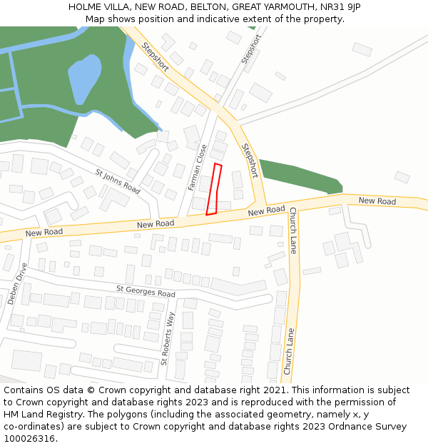 HOLME VILLA, NEW ROAD, BELTON, GREAT YARMOUTH, NR31 9JP: Location map and indicative extent of plot