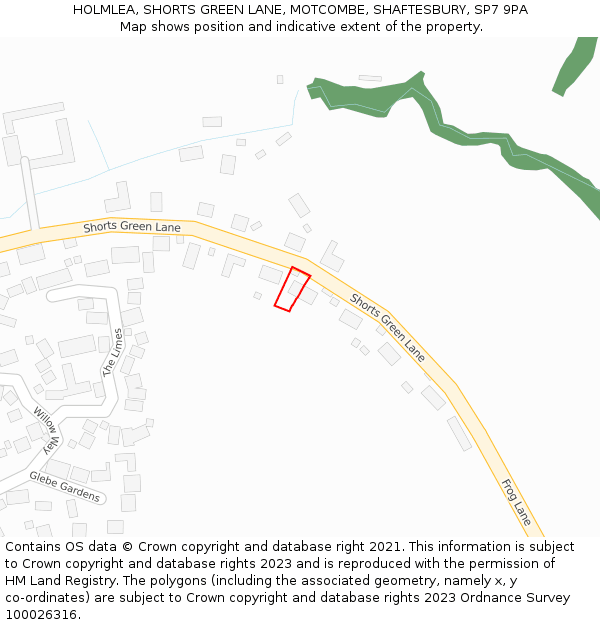 HOLMLEA, SHORTS GREEN LANE, MOTCOMBE, SHAFTESBURY, SP7 9PA: Location map and indicative extent of plot