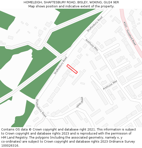 HOMELEIGH, SHAFTESBURY ROAD, BISLEY, WOKING, GU24 9ER: Location map and indicative extent of plot