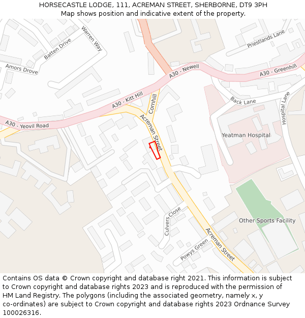 HORSECASTLE LODGE, 111, ACREMAN STREET, SHERBORNE, DT9 3PH: Location map and indicative extent of plot