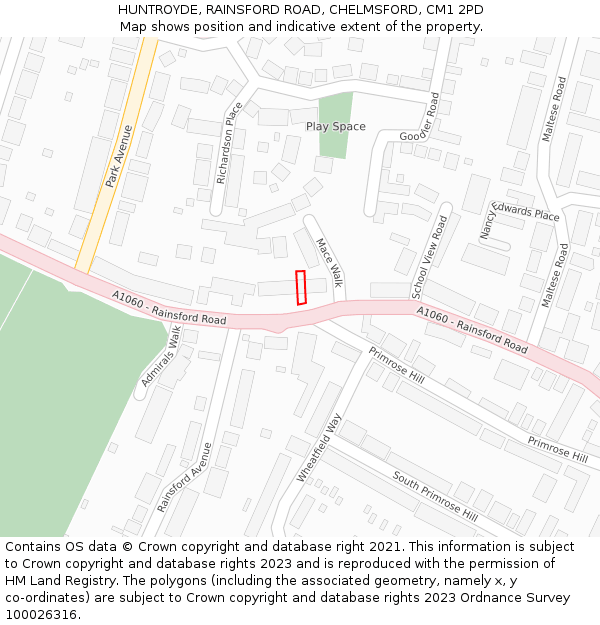 HUNTROYDE, RAINSFORD ROAD, CHELMSFORD, CM1 2PD: Location map and indicative extent of plot