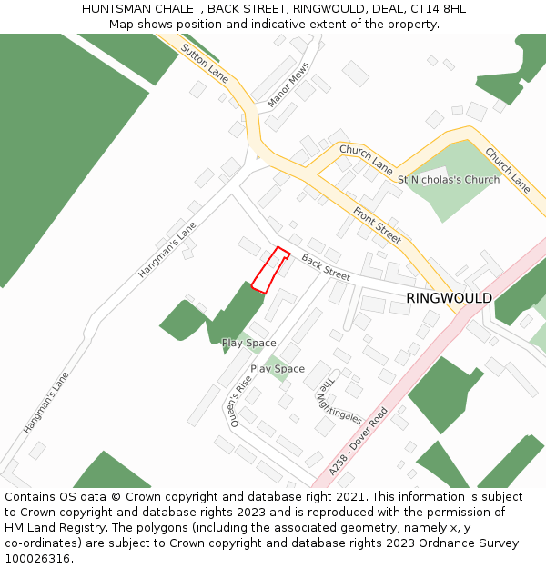 HUNTSMAN CHALET, BACK STREET, RINGWOULD, DEAL, CT14 8HL: Location map and indicative extent of plot