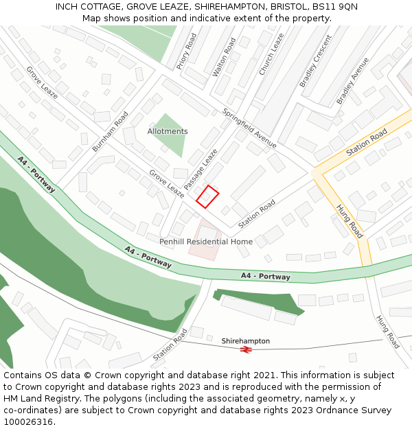 INCH COTTAGE, GROVE LEAZE, SHIREHAMPTON, BRISTOL, BS11 9QN: Location map and indicative extent of plot