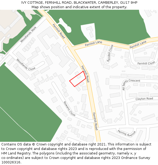 IVY COTTAGE, FERNHILL ROAD, BLACKWATER, CAMBERLEY, GU17 9HP: Location map and indicative extent of plot