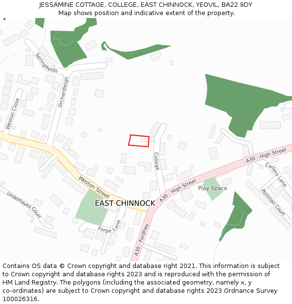 JESSAMINE COTTAGE, COLLEGE, EAST CHINNOCK, YEOVIL, BA22 9DY: Location map and indicative extent of plot