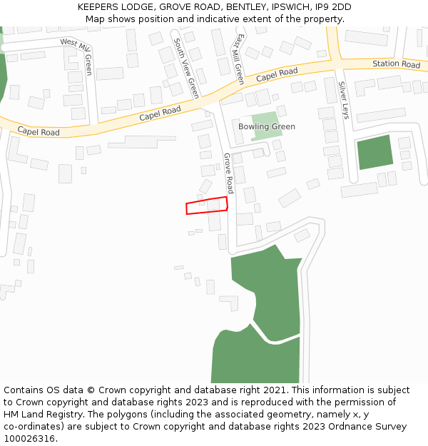 KEEPERS LODGE, GROVE ROAD, BENTLEY, IPSWICH, IP9 2DD: Location map and indicative extent of plot