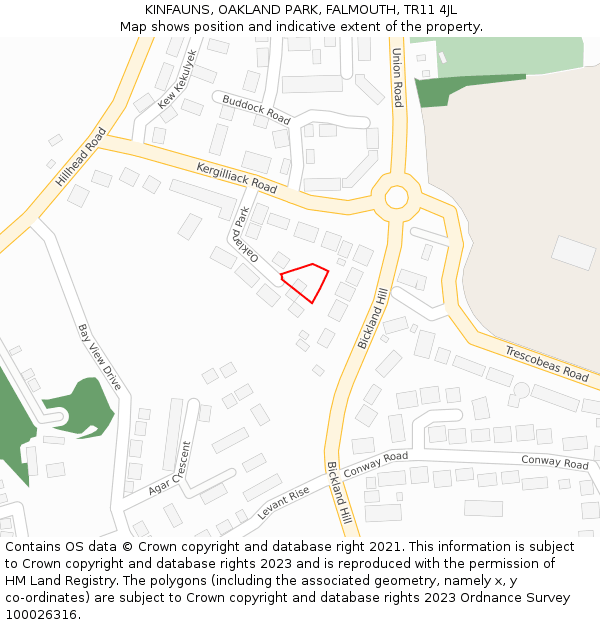 KINFAUNS, OAKLAND PARK, FALMOUTH, TR11 4JL: Location map and indicative extent of plot