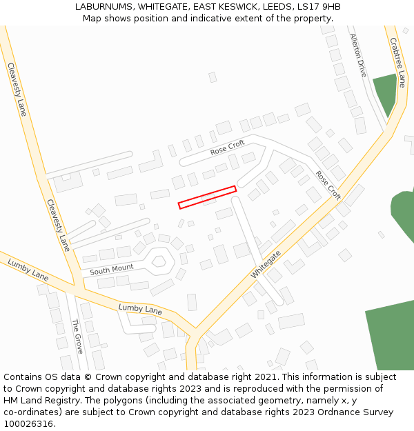 LABURNUMS, WHITEGATE, EAST KESWICK, LEEDS, LS17 9HB: Location map and indicative extent of plot