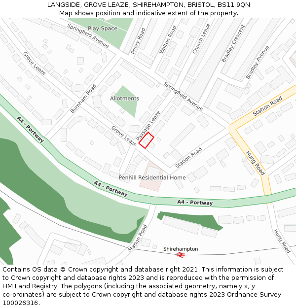 LANGSIDE, GROVE LEAZE, SHIREHAMPTON, BRISTOL, BS11 9QN: Location map and indicative extent of plot