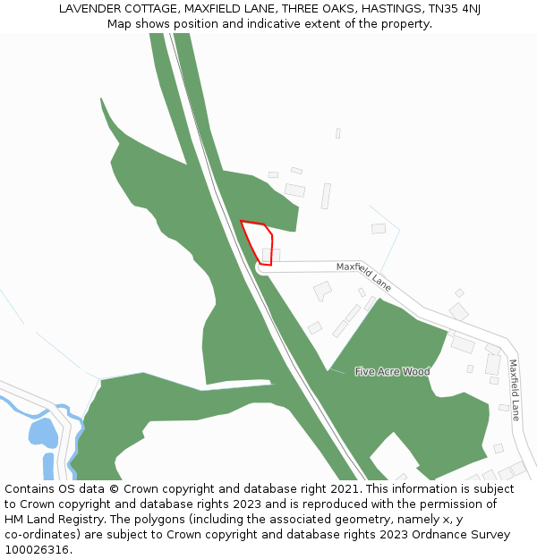 LAVENDER COTTAGE, MAXFIELD LANE, THREE OAKS, HASTINGS, TN35 4NJ: Location map and indicative extent of plot