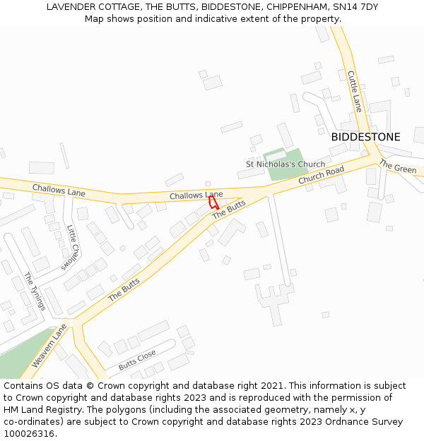 LAVENDER COTTAGE, THE BUTTS, BIDDESTONE, CHIPPENHAM, SN14 7DY: Location map and indicative extent of plot