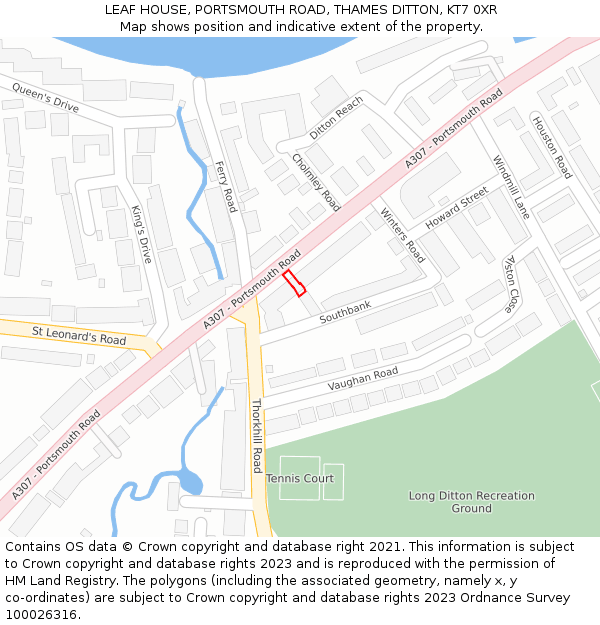 LEAF HOUSE, PORTSMOUTH ROAD, THAMES DITTON, KT7 0XR: Location map and indicative extent of plot