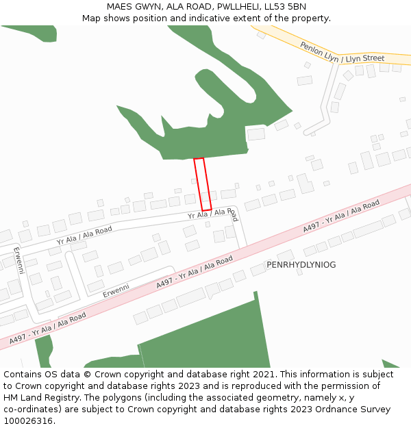 MAES GWYN, ALA ROAD, PWLLHELI, LL53 5BN: Location map and indicative extent of plot