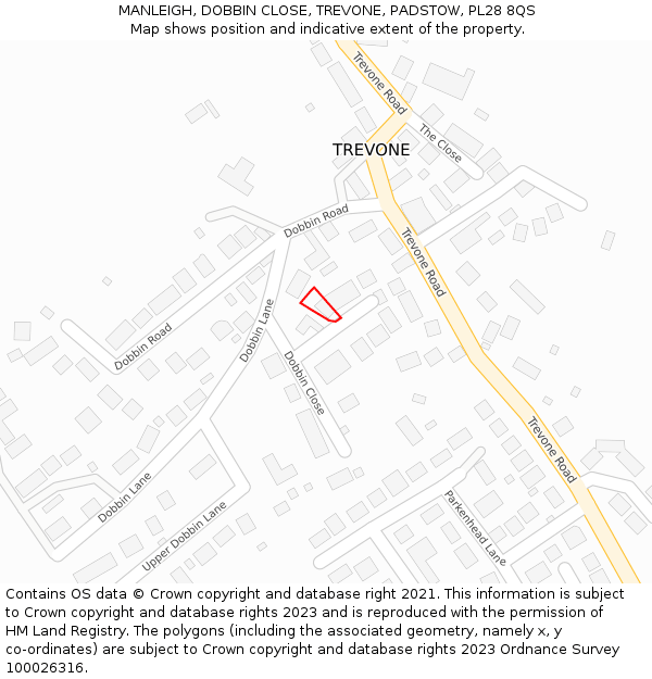 MANLEIGH, DOBBIN CLOSE, TREVONE, PADSTOW, PL28 8QS: Location map and indicative extent of plot