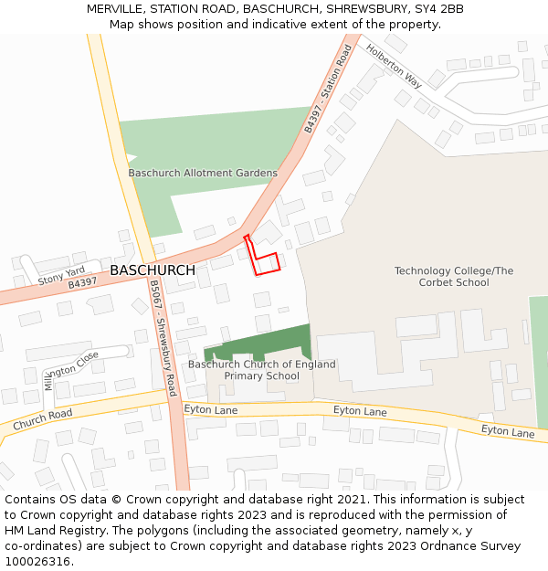 MERVILLE, STATION ROAD, BASCHURCH, SHREWSBURY, SY4 2BB: Location map and indicative extent of plot