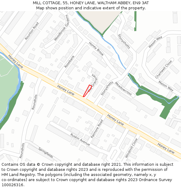 MILL COTTAGE, 55, HONEY LANE, WALTHAM ABBEY, EN9 3AT: Location map and indicative extent of plot