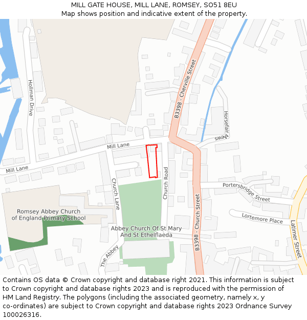 MILL GATE HOUSE, MILL LANE, ROMSEY, SO51 8EU: Location map and indicative extent of plot