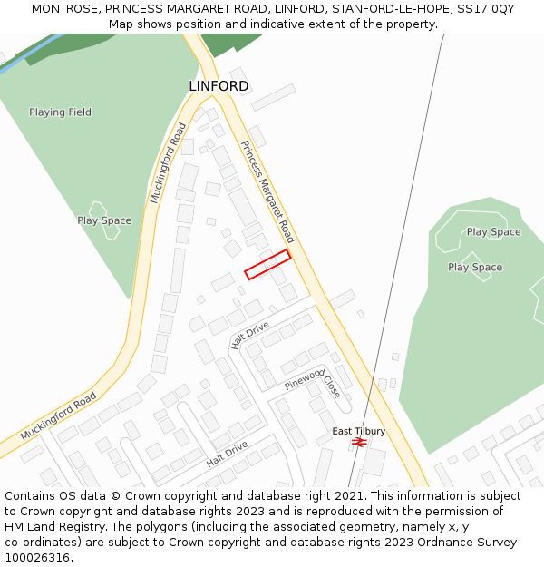 MONTROSE, PRINCESS MARGARET ROAD, LINFORD, STANFORD-LE-HOPE, SS17 0QY: Location map and indicative extent of plot