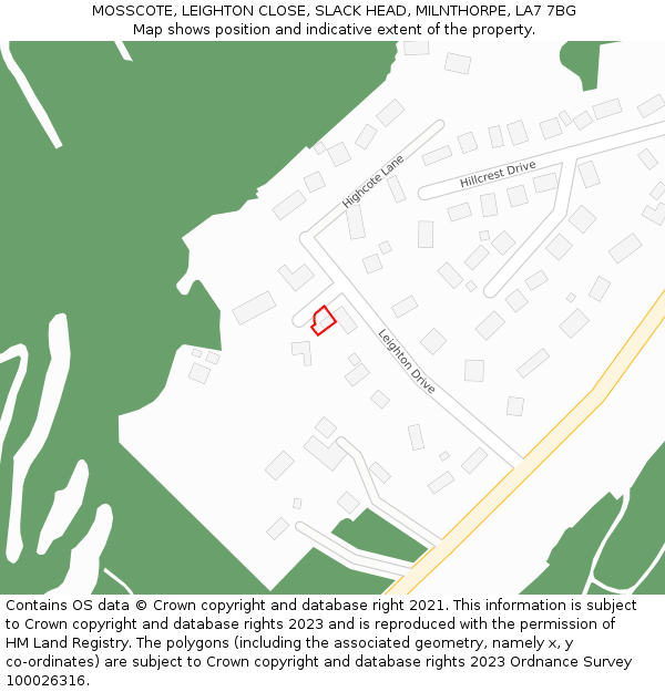 MOSSCOTE, LEIGHTON CLOSE, SLACK HEAD, MILNTHORPE, LA7 7BG: Location map and indicative extent of plot