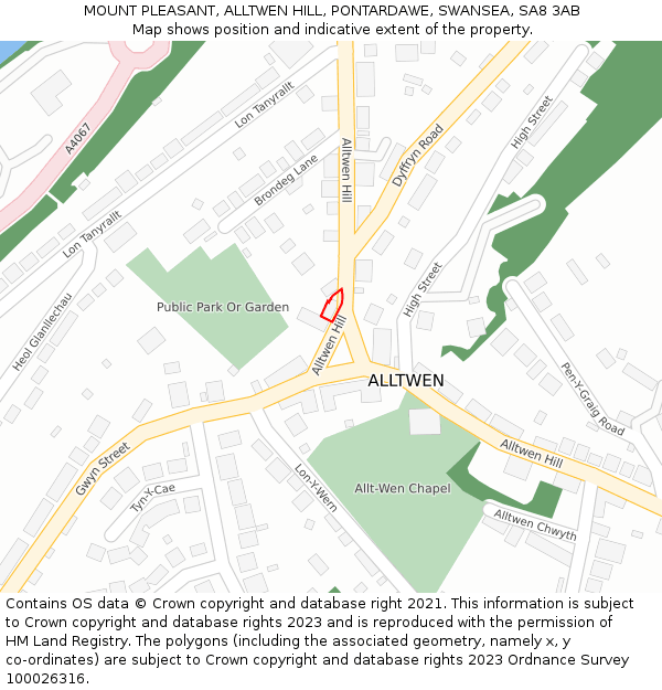 MOUNT PLEASANT, ALLTWEN HILL, PONTARDAWE, SWANSEA, SA8 3AB: Location map and indicative extent of plot
