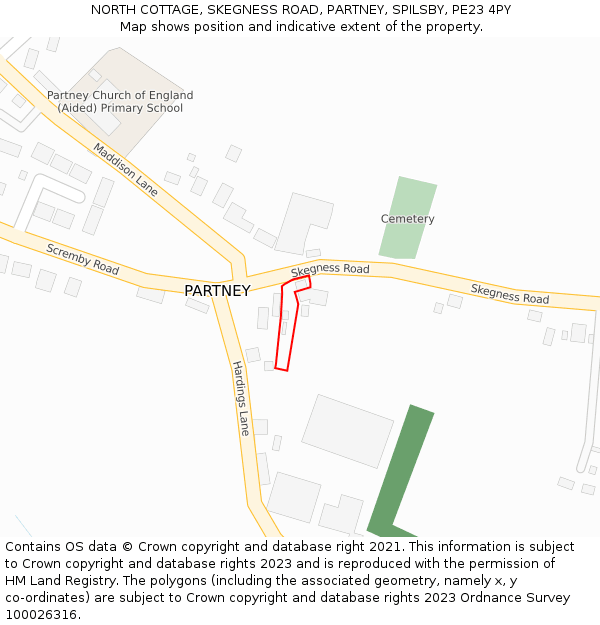 NORTH COTTAGE, SKEGNESS ROAD, PARTNEY, SPILSBY, PE23 4PY: Location map and indicative extent of plot