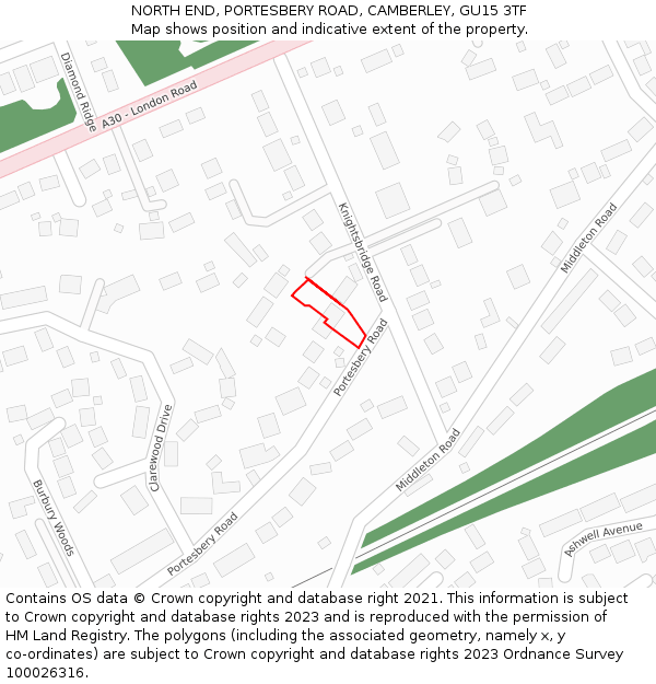 NORTH END, PORTESBERY ROAD, CAMBERLEY, GU15 3TF: Location map and indicative extent of plot