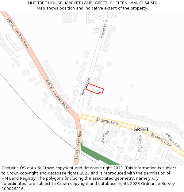 NUT TREE HOUSE, MARKET LANE, GREET, CHELTENHAM, GL54 5BJ: Location map and indicative extent of plot
