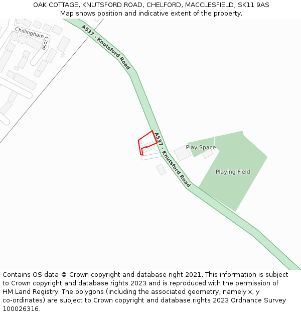 OAK COTTAGE, KNUTSFORD ROAD, CHELFORD, MACCLESFIELD, SK11 9AS: Location map and indicative extent of plot