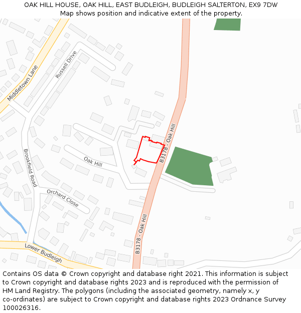OAK HILL HOUSE, OAK HILL, EAST BUDLEIGH, BUDLEIGH SALTERTON, EX9 7DW: Location map and indicative extent of plot