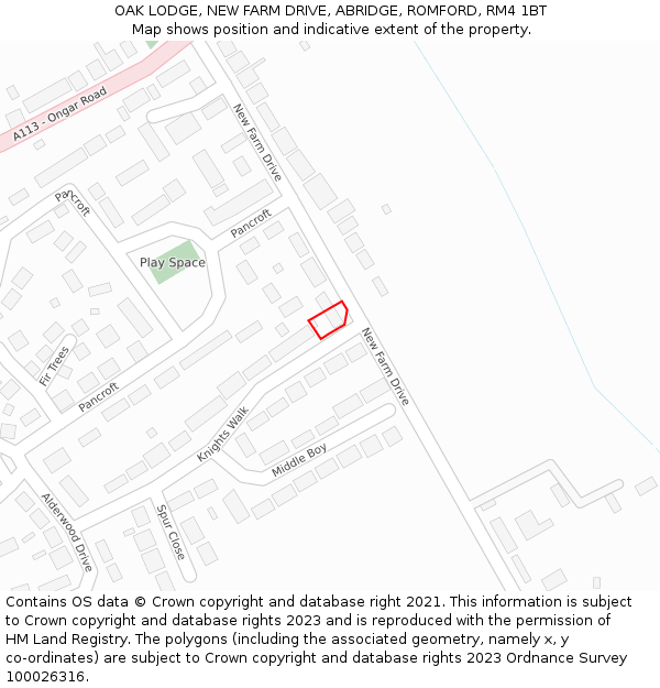 OAK LODGE, NEW FARM DRIVE, ABRIDGE, ROMFORD, RM4 1BT: Location map and indicative extent of plot