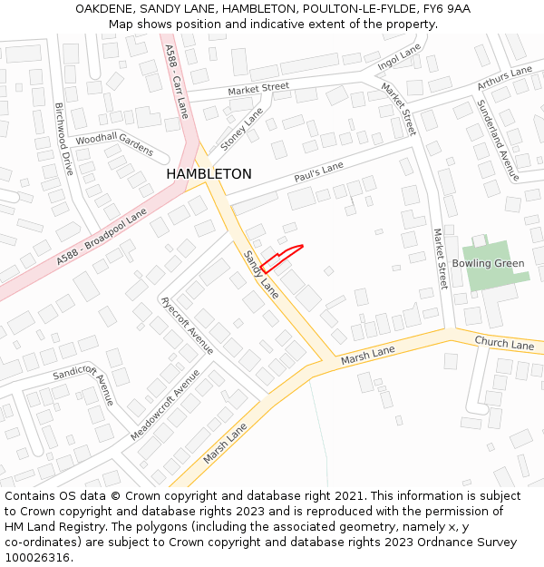 OAKDENE, SANDY LANE, HAMBLETON, POULTON-LE-FYLDE, FY6 9AA: Location map and indicative extent of plot