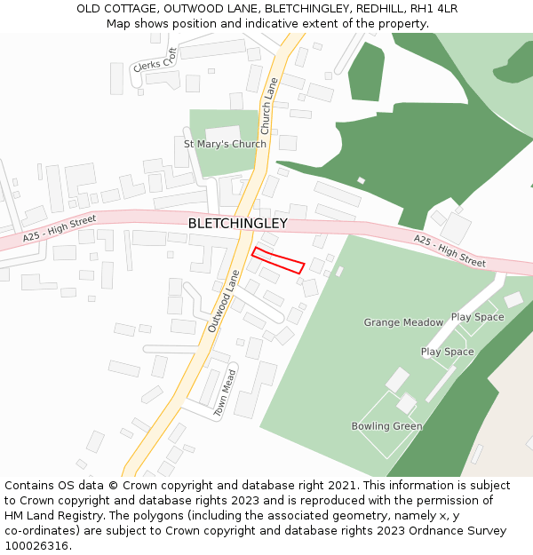 OLD COTTAGE, OUTWOOD LANE, BLETCHINGLEY, REDHILL, RH1 4LR: Location map and indicative extent of plot