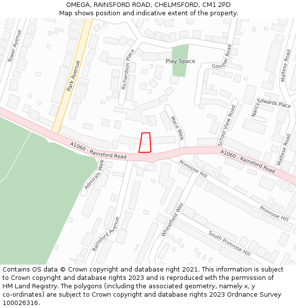OMEGA, RAINSFORD ROAD, CHELMSFORD, CM1 2PD: Location map and indicative extent of plot