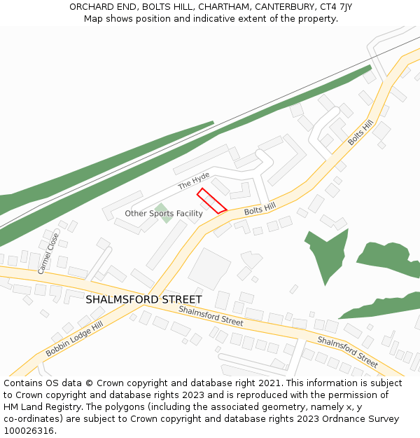 ORCHARD END, BOLTS HILL, CHARTHAM, CANTERBURY, CT4 7JY: Location map and indicative extent of plot