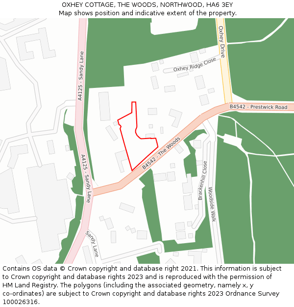 OXHEY COTTAGE, THE WOODS, NORTHWOOD, HA6 3EY: Location map and indicative extent of plot