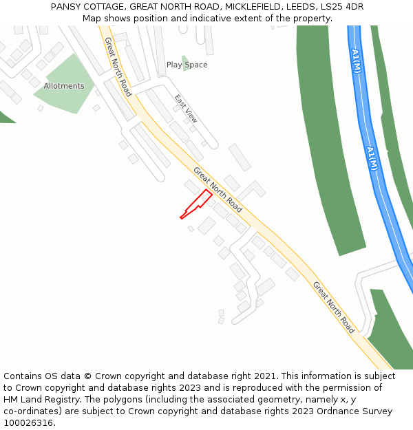 PANSY COTTAGE, GREAT NORTH ROAD, MICKLEFIELD, LEEDS, LS25 4DR: Location map and indicative extent of plot