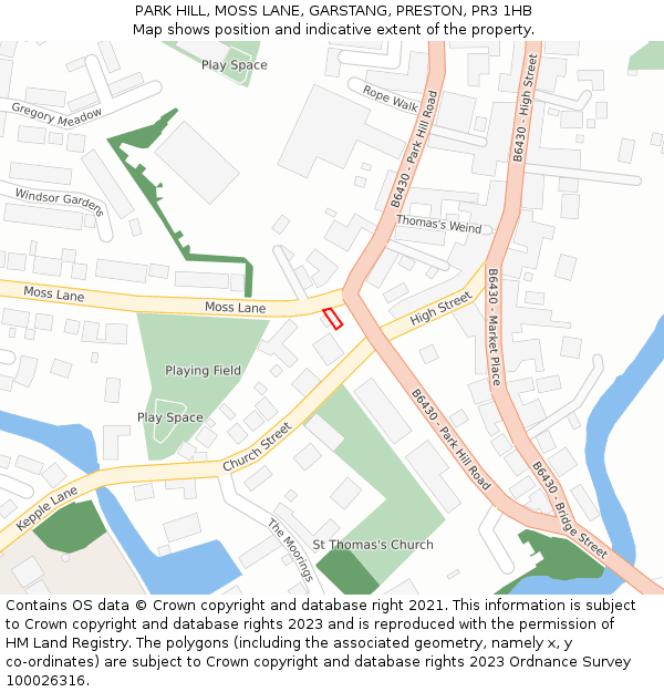 PARK HILL, MOSS LANE, GARSTANG, PRESTON, PR3 1HB: Location map and indicative extent of plot