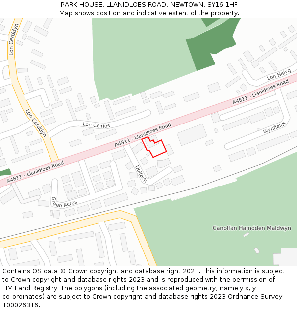 PARK HOUSE, LLANIDLOES ROAD, NEWTOWN, SY16 1HF: Location map and indicative extent of plot