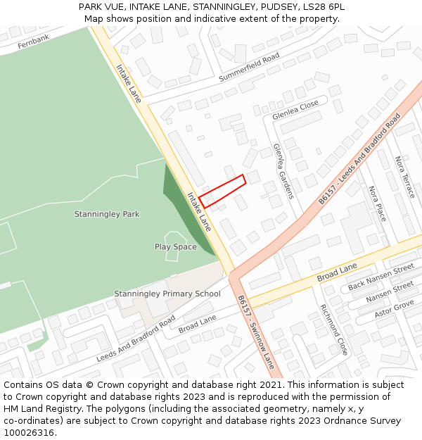 PARK VUE, INTAKE LANE, STANNINGLEY, PUDSEY, LS28 6PL: Location map and indicative extent of plot